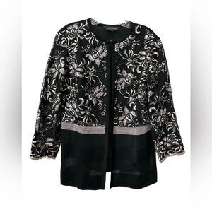 Ming Wang Jacquard Jacket Floral Open Front Semi-Sheer Hook And Bar Size Small